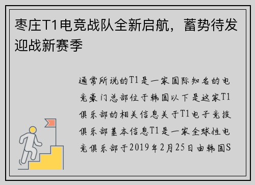枣庄T1电竞战队全新启航，蓄势待发迎战新赛季