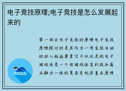 电子竞技原理;电子竞技是怎么发展起来的